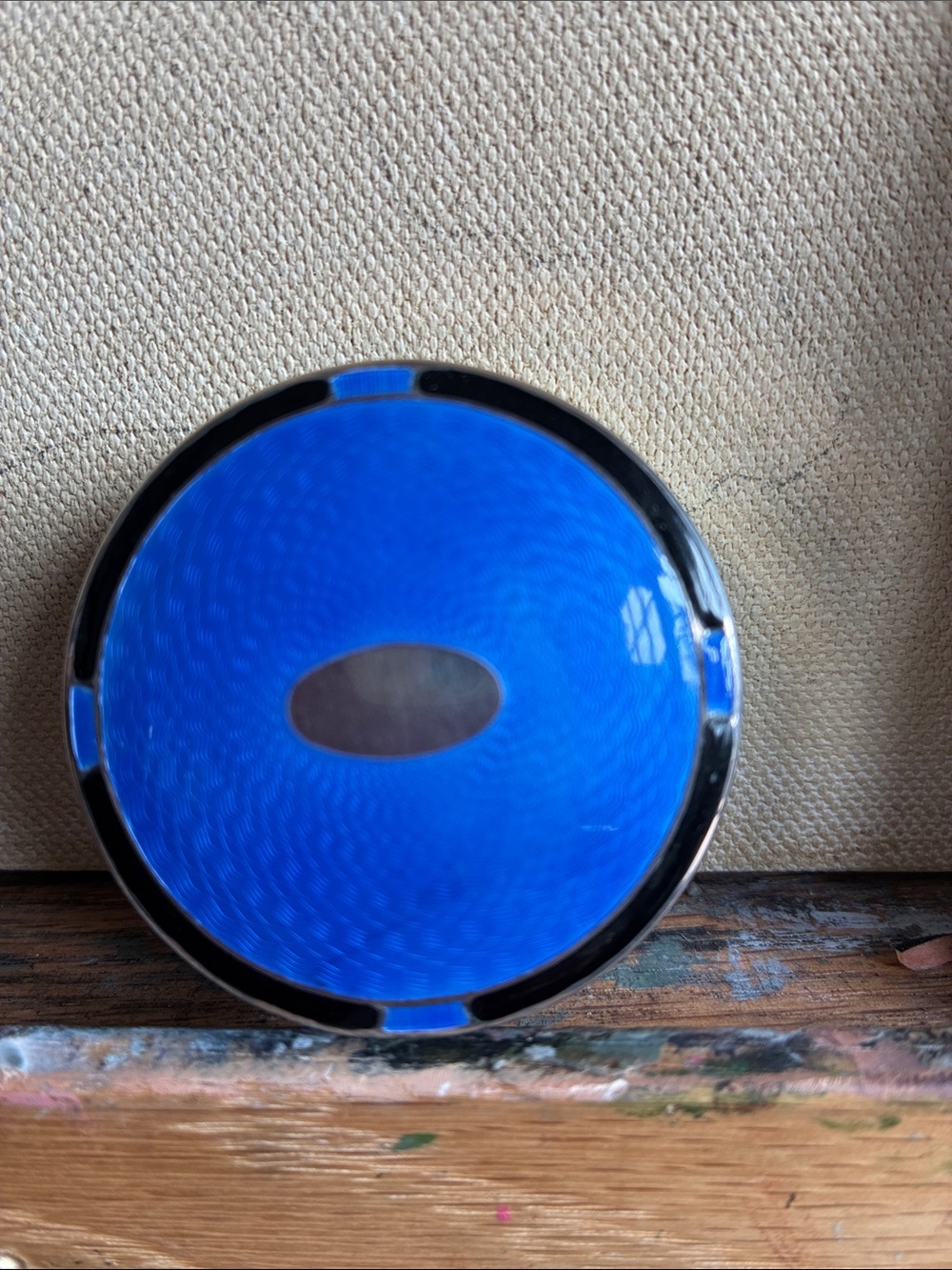 Sterling silver and blue enamel compact with original puffs